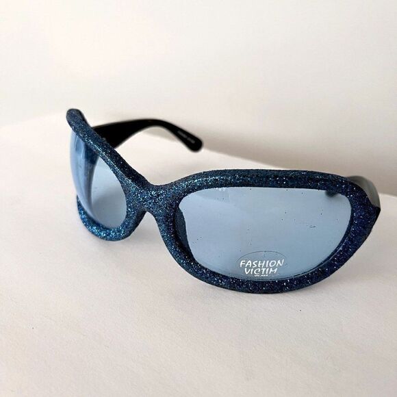 Vintage Bug Eye Huge Rave Sunglasses Blue Lens Glitter Oversized Wrap Goth - Picture 4 of 6